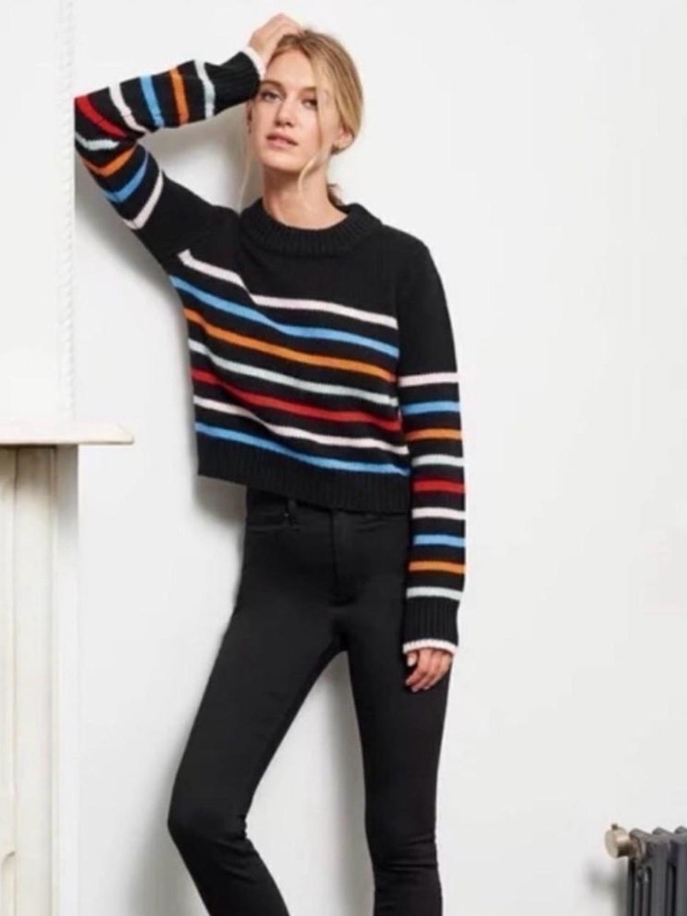 Philosophy Republic Clothing Black Crewneck Sweater with Multicolor Stripes